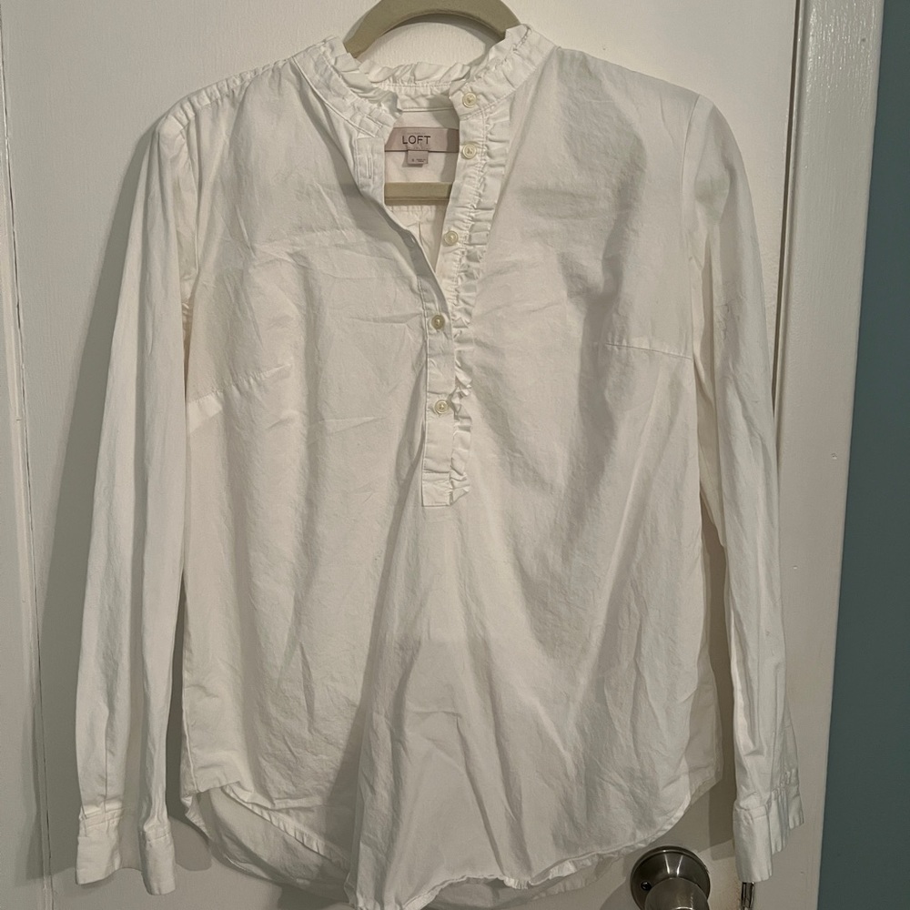 Loft ruffled neck white blouse